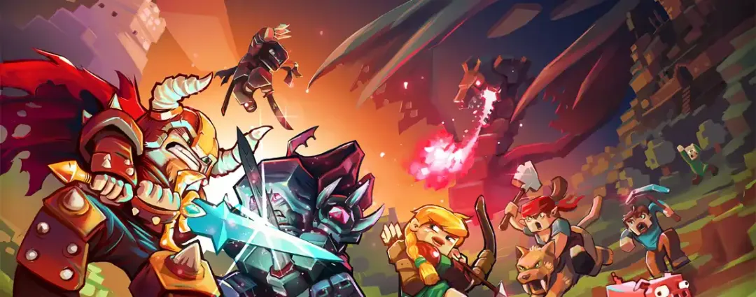 Stylised illustration of armoured Minecraft warriors and archers battling a fire-breathing dragon-like boss alongside a dark knight and wolves