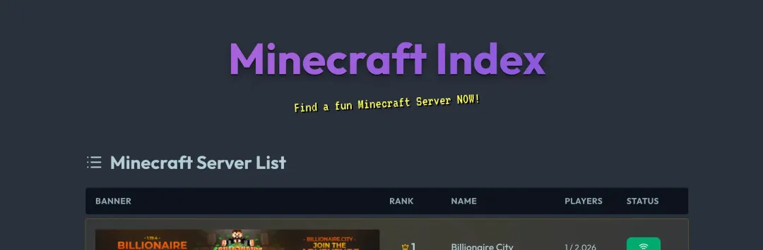 Screenshot of the MinecraftIndex homepage, showing the Minecraft Index logo and a server list table with banner, rank, player count and status columns